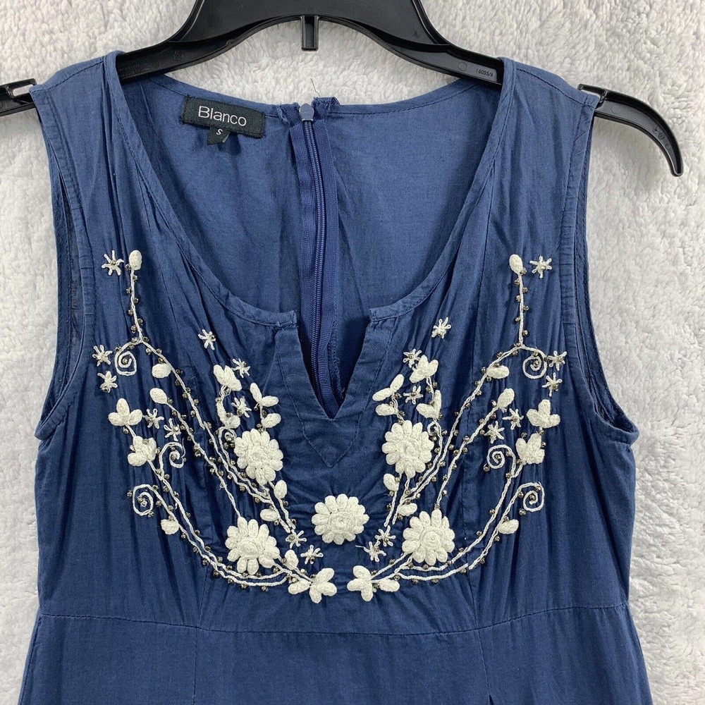 Blanco Dress Top Size S Womens Navy Blue Sleeveless Embroidered Casual V Neck